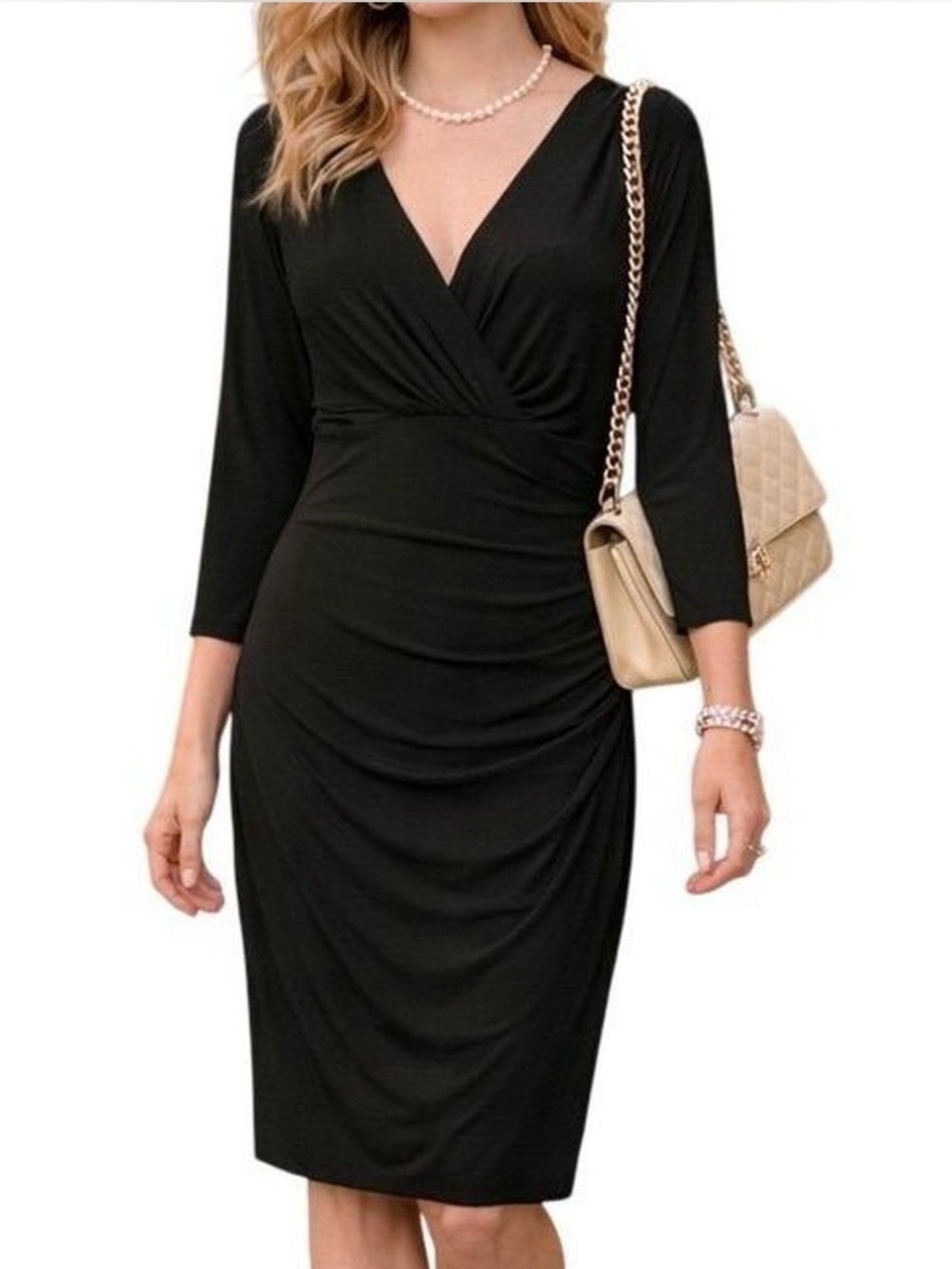 Ralph Lauren Black V-Neck Ruched Midi Dress ghazi, whimsigoth.